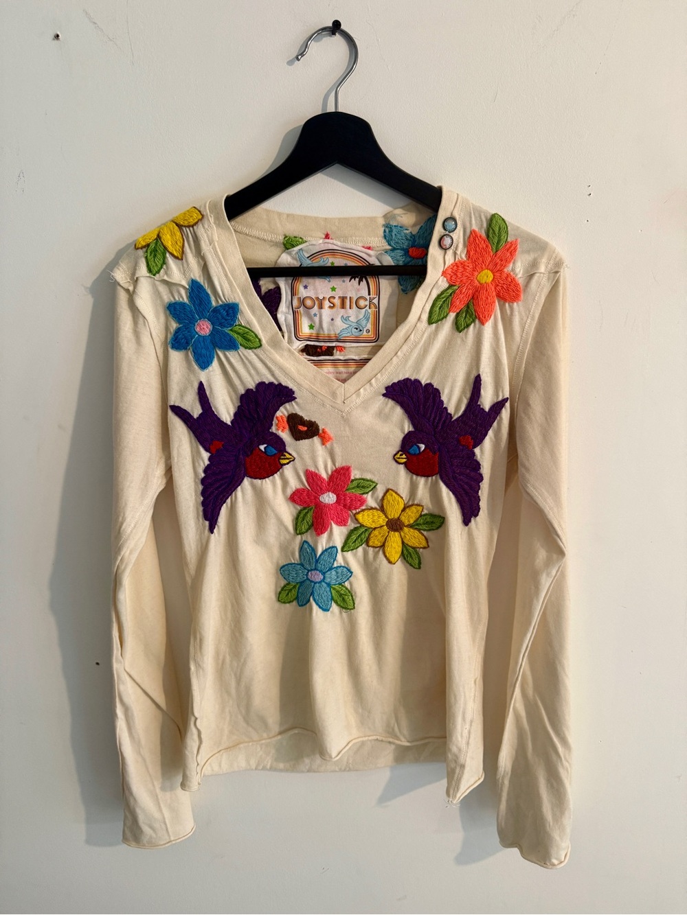 Y2K Vintage Top with Colorful Bird & Flower Embroidery